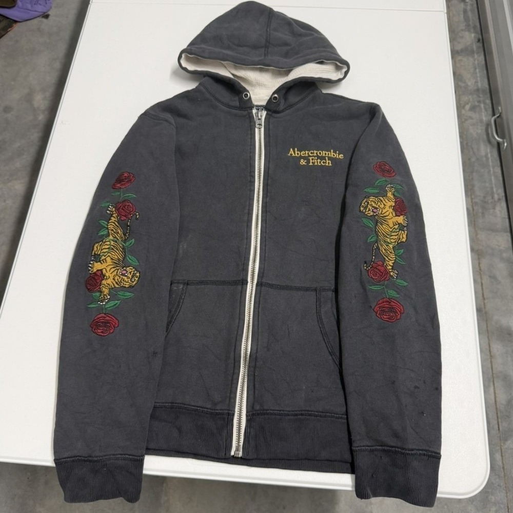 Abercrombie & Fitch Tiger Rose‎ Embroidered Full Zip Hoodie Faded Black Mens M
